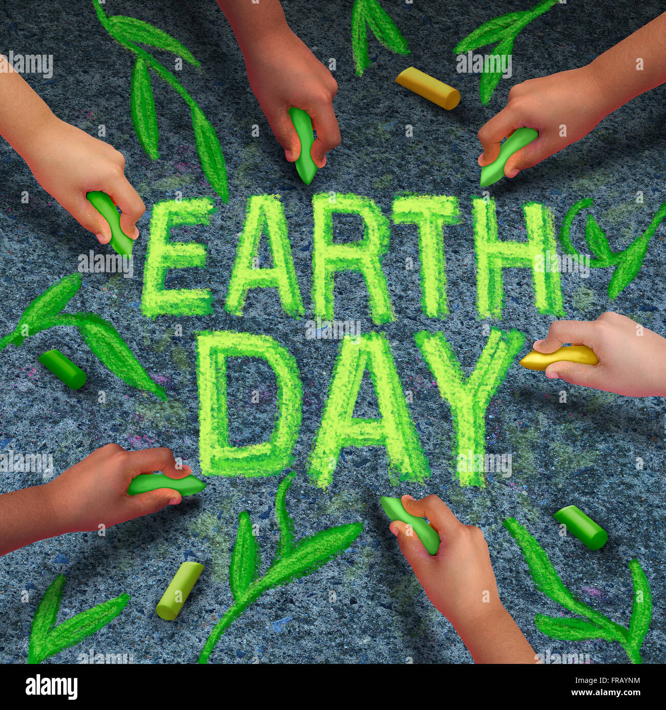 Earth Day und Umweltschutz-Symbol als eine Gruppe von unterschiedlichen ethnischen Menschen zusammenkommen Zeichnung Text und Blätter mit grüner Kreide auf dem Bürgersteig Stockwerk als globale Gemeinschaft Zusammenarbeit zur Rettung des Planeten. Stockfoto