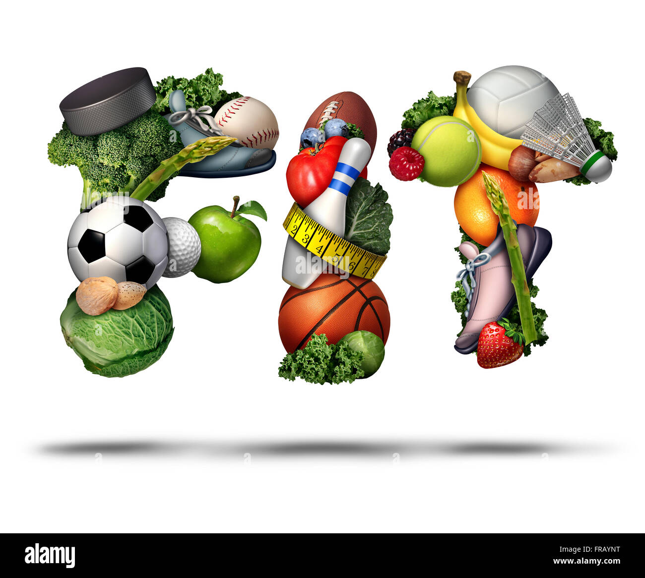 Konzept und Fitness Passungssymbol als eine Gruppe von Geräten und jogging Sportschuhe mit Obst und Gemüse als Text Buchstaben geformt Stockfoto