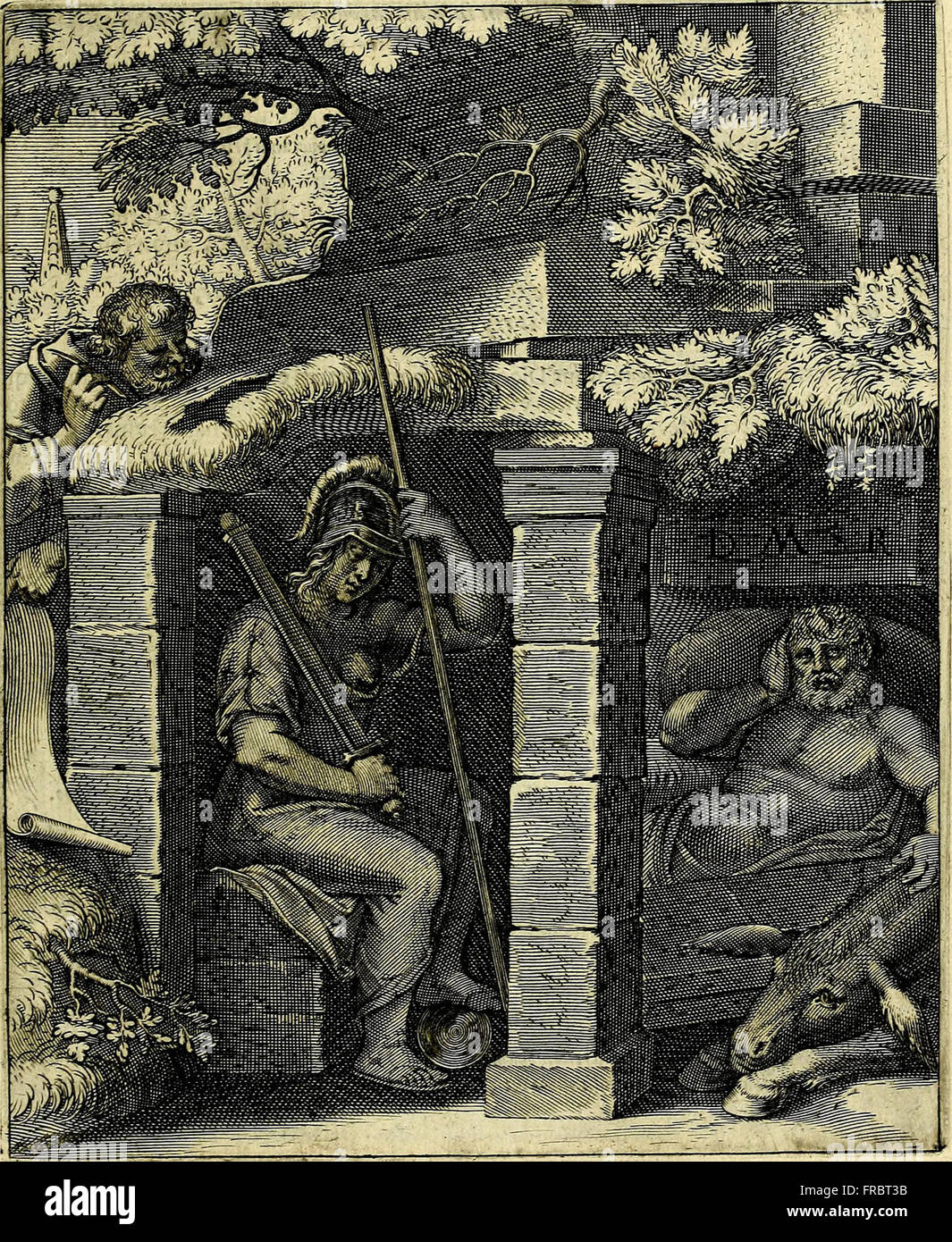 Die 1612 erschienene Ausgabe von *Emblemata* von Horace präsentiert sein Werk mit verbesserten Illustrationen und Anmerkungen, die eine raffiniertere Interpretation des Originaltextes mit Schwerpunkt auf klassischen Themen und literarischen Bildern bieten. Stockfoto
