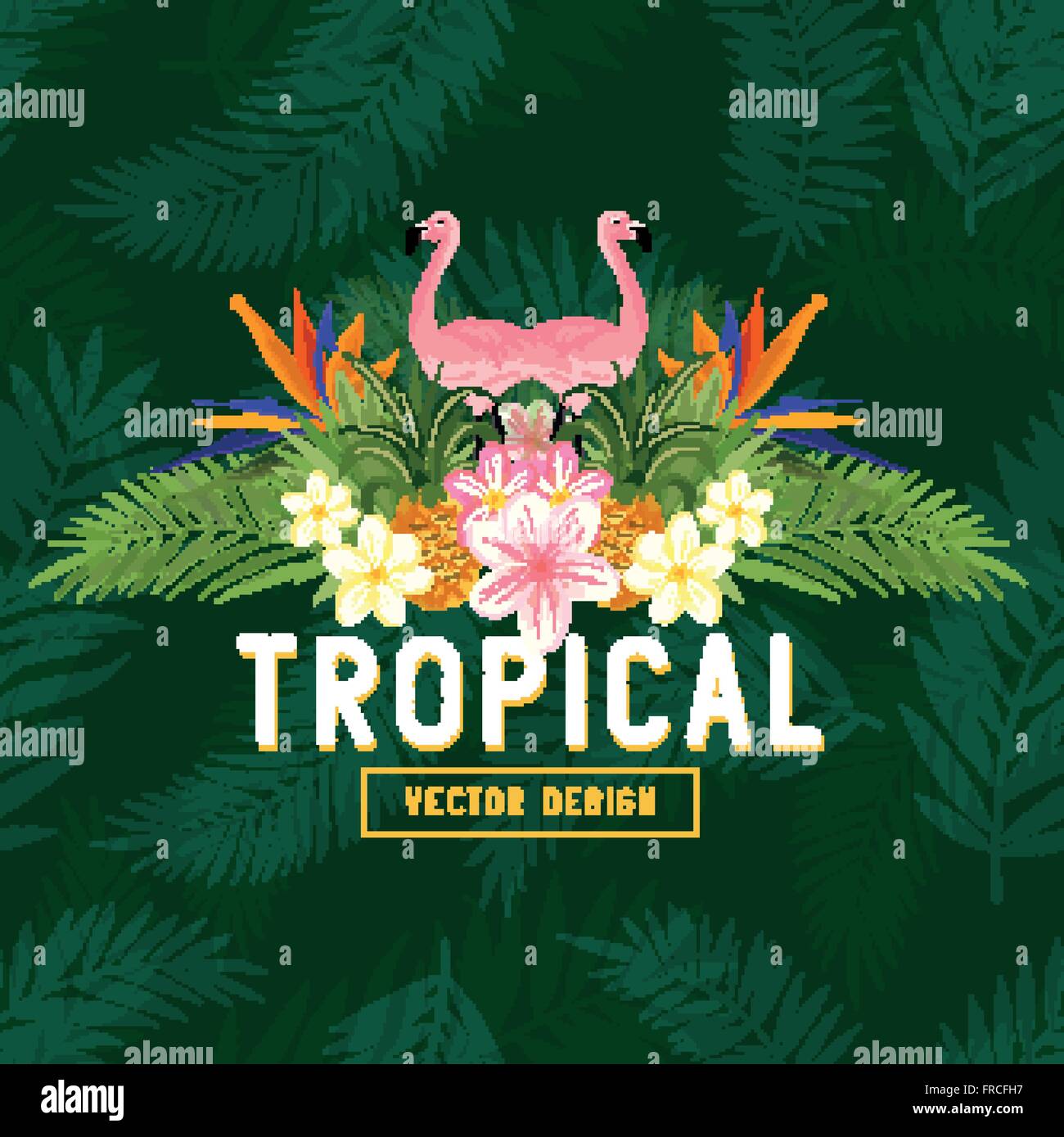 Tropischer Sommer Vektor. Tropic-Elemente, einschließlich Flamingo, Palmen, Paradiesvogel Blumen und Ananas Stock Vektor