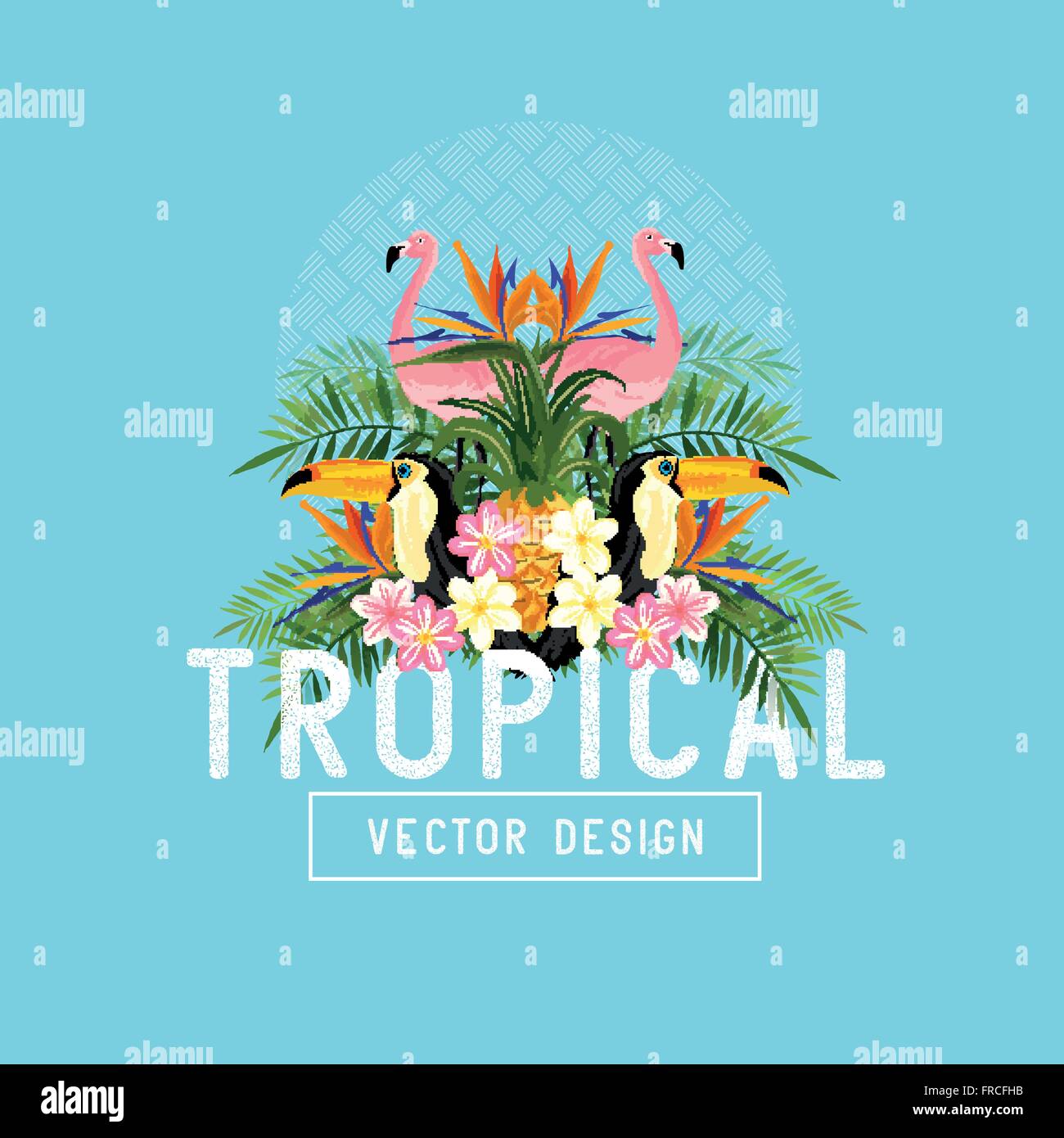 Tropischer Sommer Vektor. Tropic Elemente, darunter Flamingos, Palmen, Tukane, Paradiesvogel Blumen und Ananas Stock Vektor