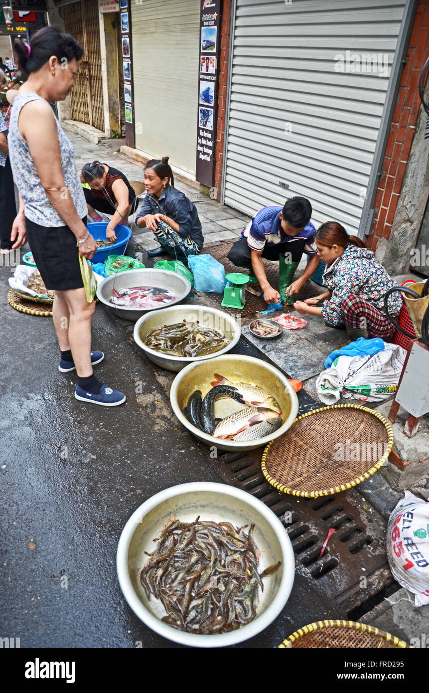 Frische Meeresfrüchte zu verkaufen neben einer Straße in Hanoi, Vietnam Stockfoto