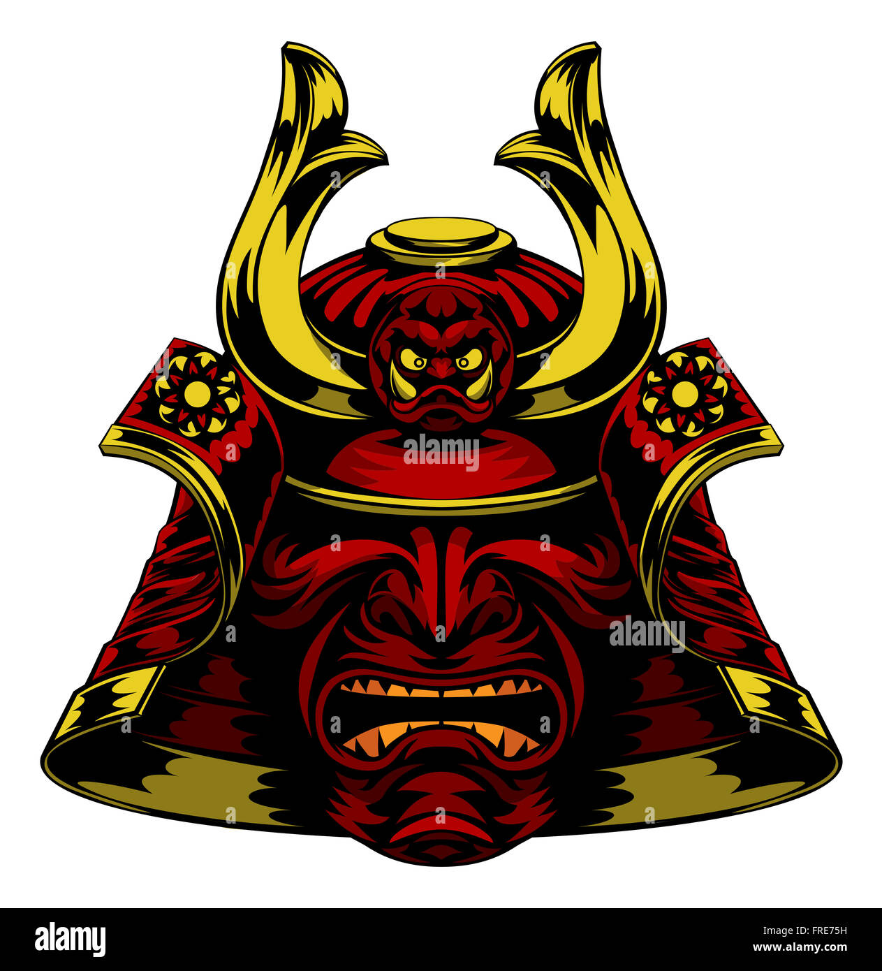 Ein beängstigend rote Samurai Maske Helm Stockfoto