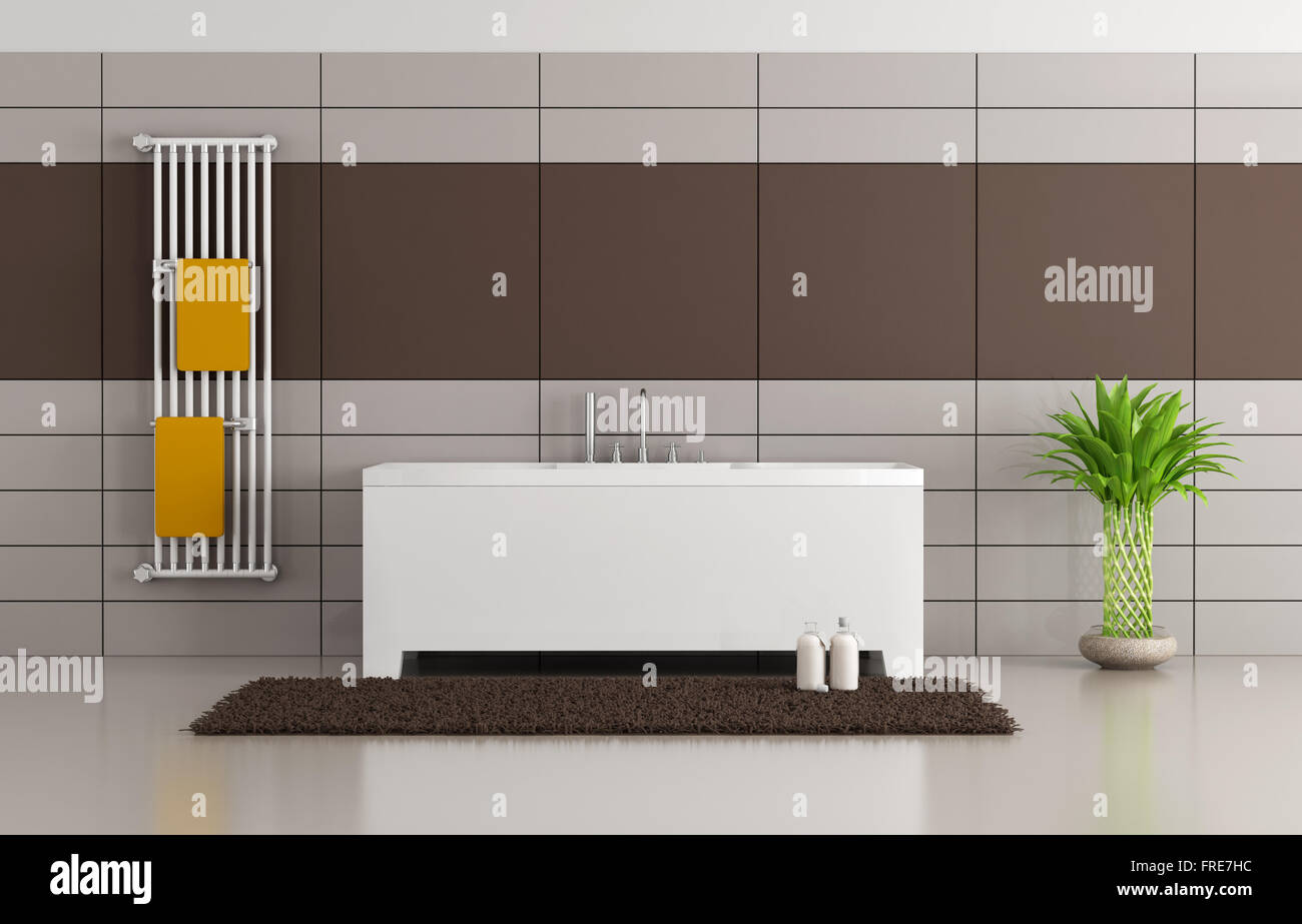 Braun und Beige minimalistischen Badezimmer mit Badewanne und vertikale Heizkörper - 3D Rendering Stockfoto