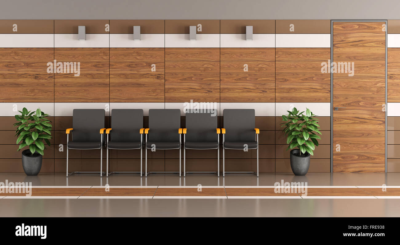 Modernen Wartezimmer mit schwarzen Stuhl, Holzvertäfelungen und geschlossener Tür - 3D Rendering Stockfoto