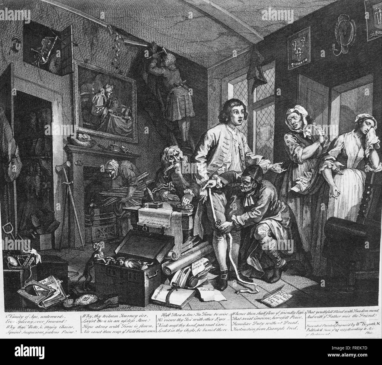 William Hogarth - des liederlichen, Platte 1, der junge Erbe bemächtigt sich der Geizige Effekte Stockfoto