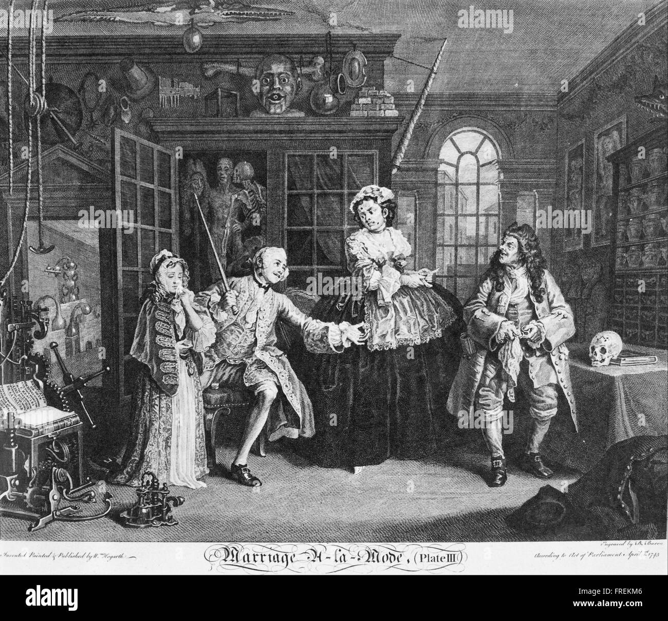 William Hogarth - Ehe À la Mode, Platte 3 (die Szene mit der Quack) Stockfoto