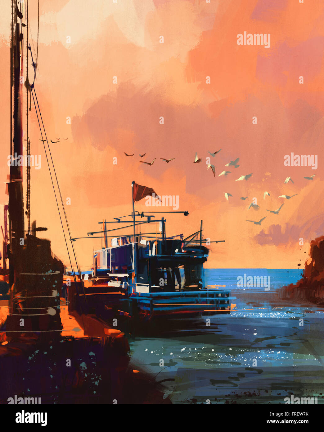 Malerei von Fischerboot im Hafen bei Sonnenuntergang Stockfoto
