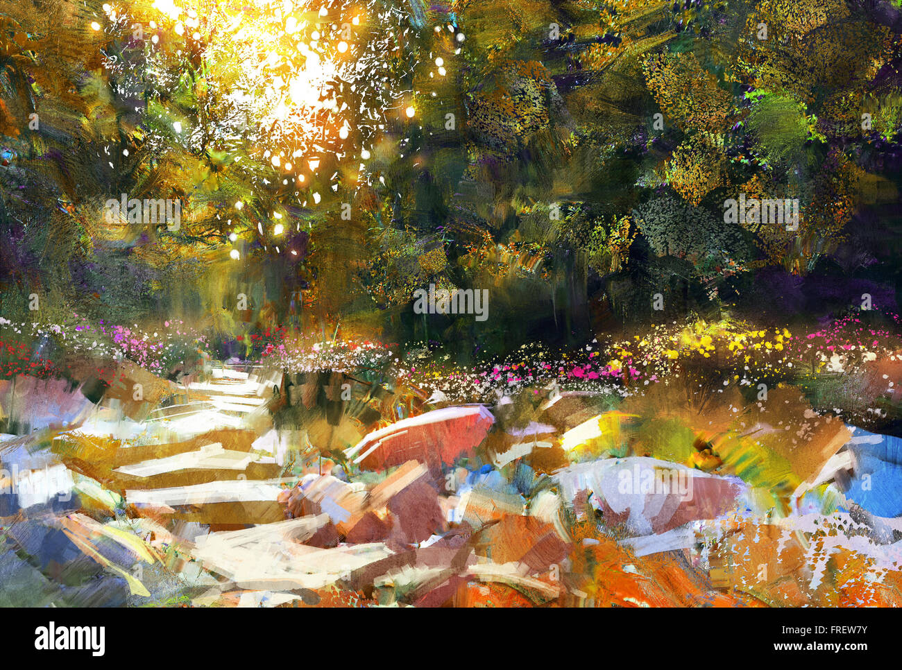 Weg mit Bäumen und Blumen im Herbst Wald Stockfoto