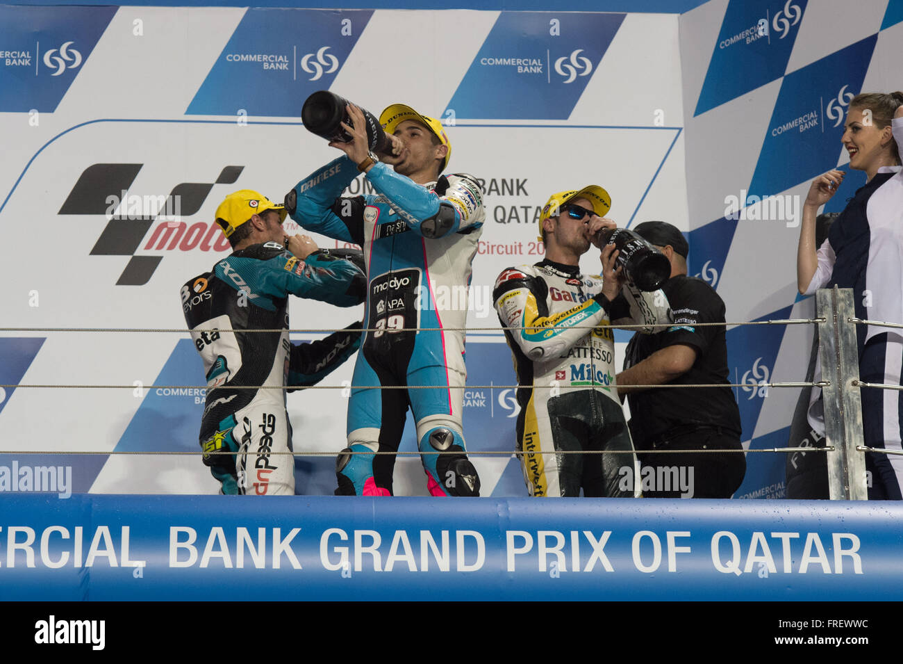 Losail International Circuit, Katar.  20. März 2016.  Die Fahrer feiern nach dem Moto 2-Rennen im Commercial Bank Grand Stockfoto