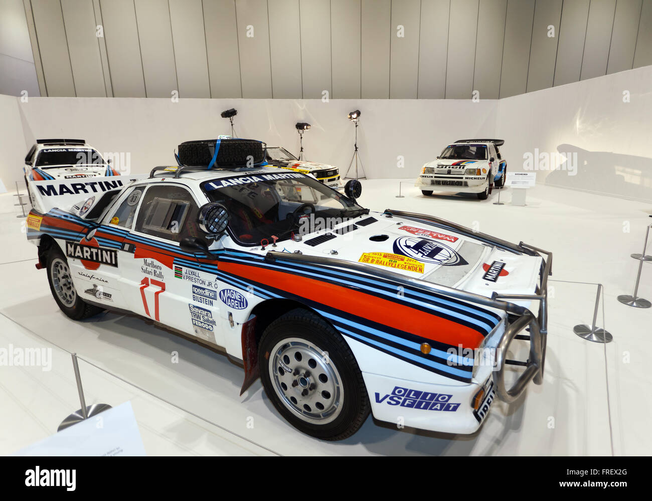 Ein Lancia 037 Rally Auto, auf dem Display in "The Pinnacle der Rallye" Abschnitt von der 2016 London Classic Car Show. Stockfoto