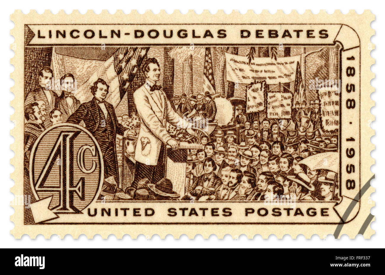 Sonderbriefmarke der Vereinigten Staaten für die Hundertjahrfeier der Lincoln-Douglas Debatten 1858-1958, ausgestellt im Jahr 1958 vom US Postal Service. Diese hohe Auflösung scannen umfasst einen Beschneidungspfad. Stockfoto