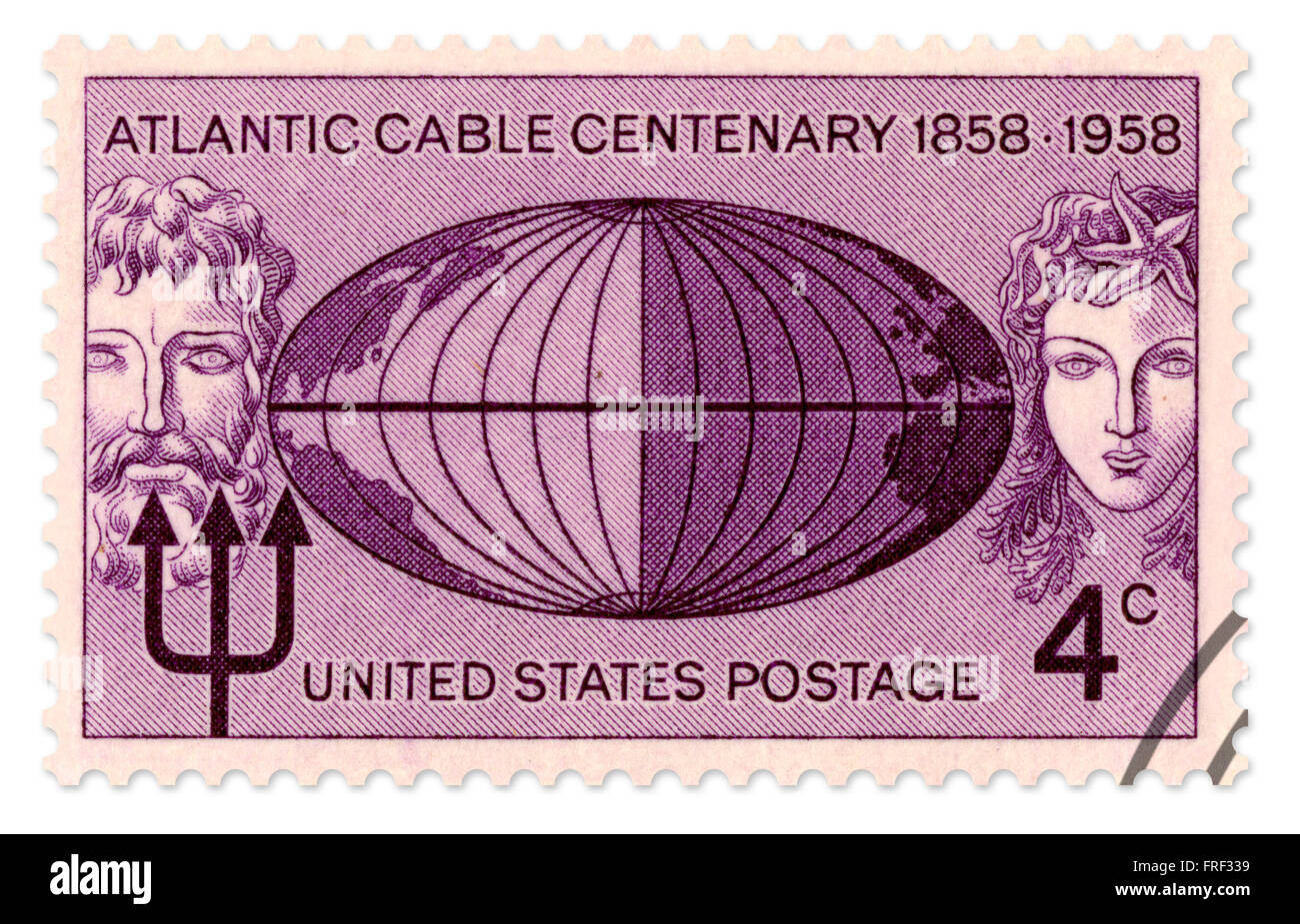 Sonderbriefmarke der Vereinigten Staaten für die Atlantic Kabel Centenary 1858-1958, ausgestellt im Jahr 1958 vom US Postal Service. Diese hohe Auflösung scannen umfasst einen Beschneidungspfad. Stockfoto