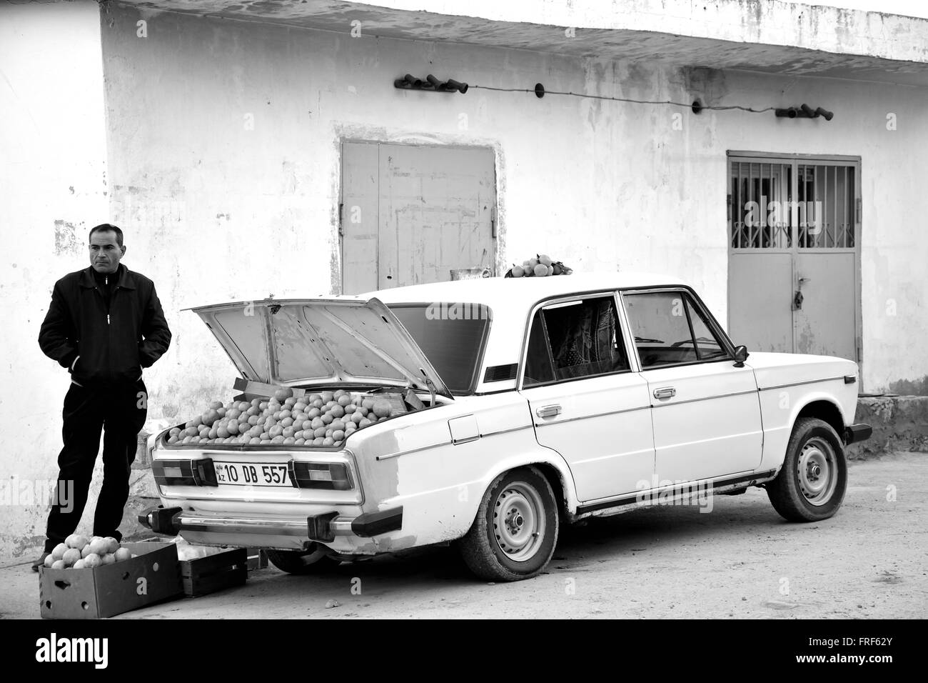 BAKU, Aserbaidschan - 22. Dezember 2013 Mann in Baku, der Hauptstadt Aserbaidschans, verkauft Orangen aus dem Kofferraum seines Autos Stockfoto