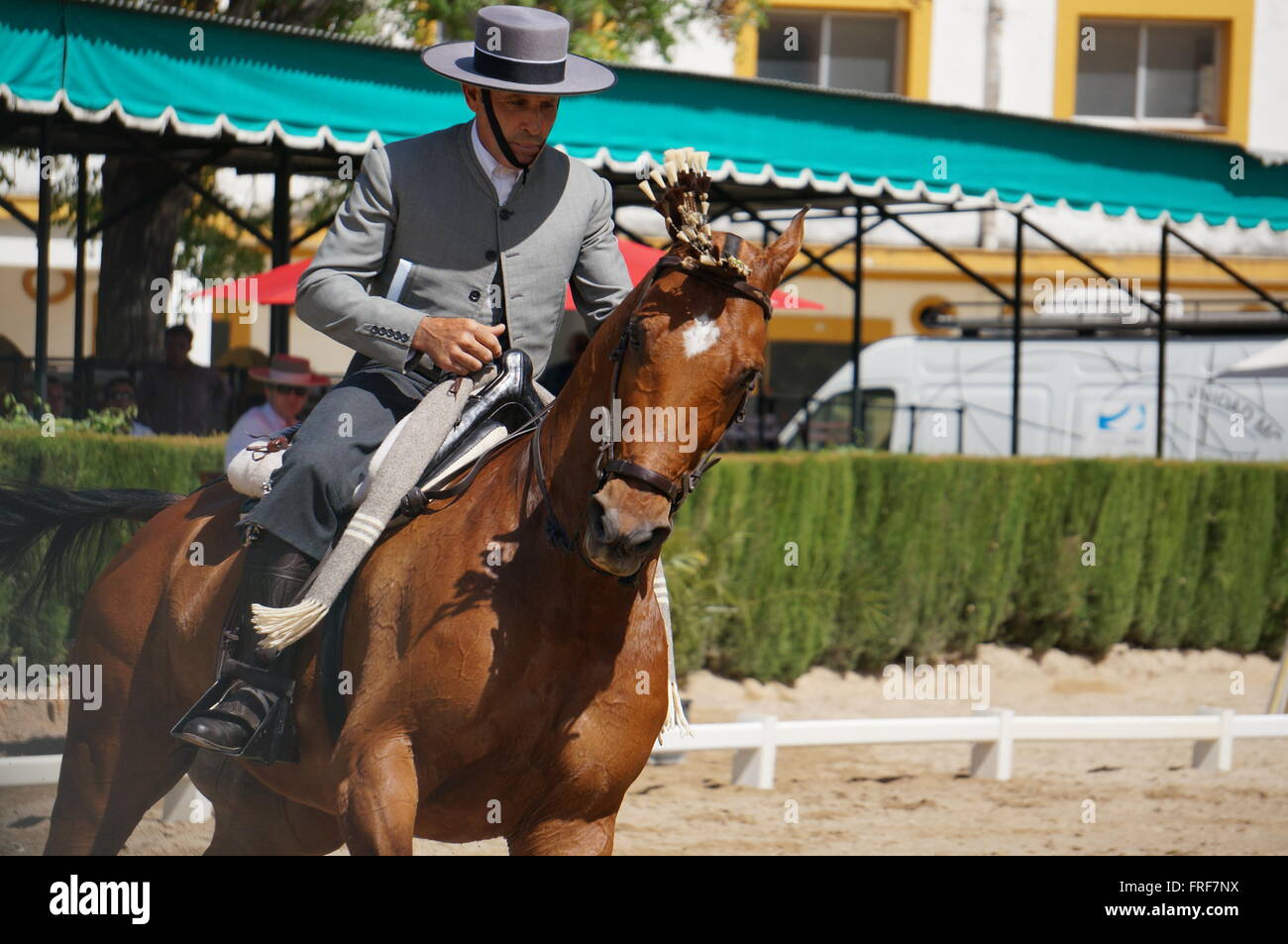 Andalusischen Reitkunst während der Feria in Jerez De La Frontera.Competition der Dressur Doma Vaquera in Deposito Sementa Stockfoto