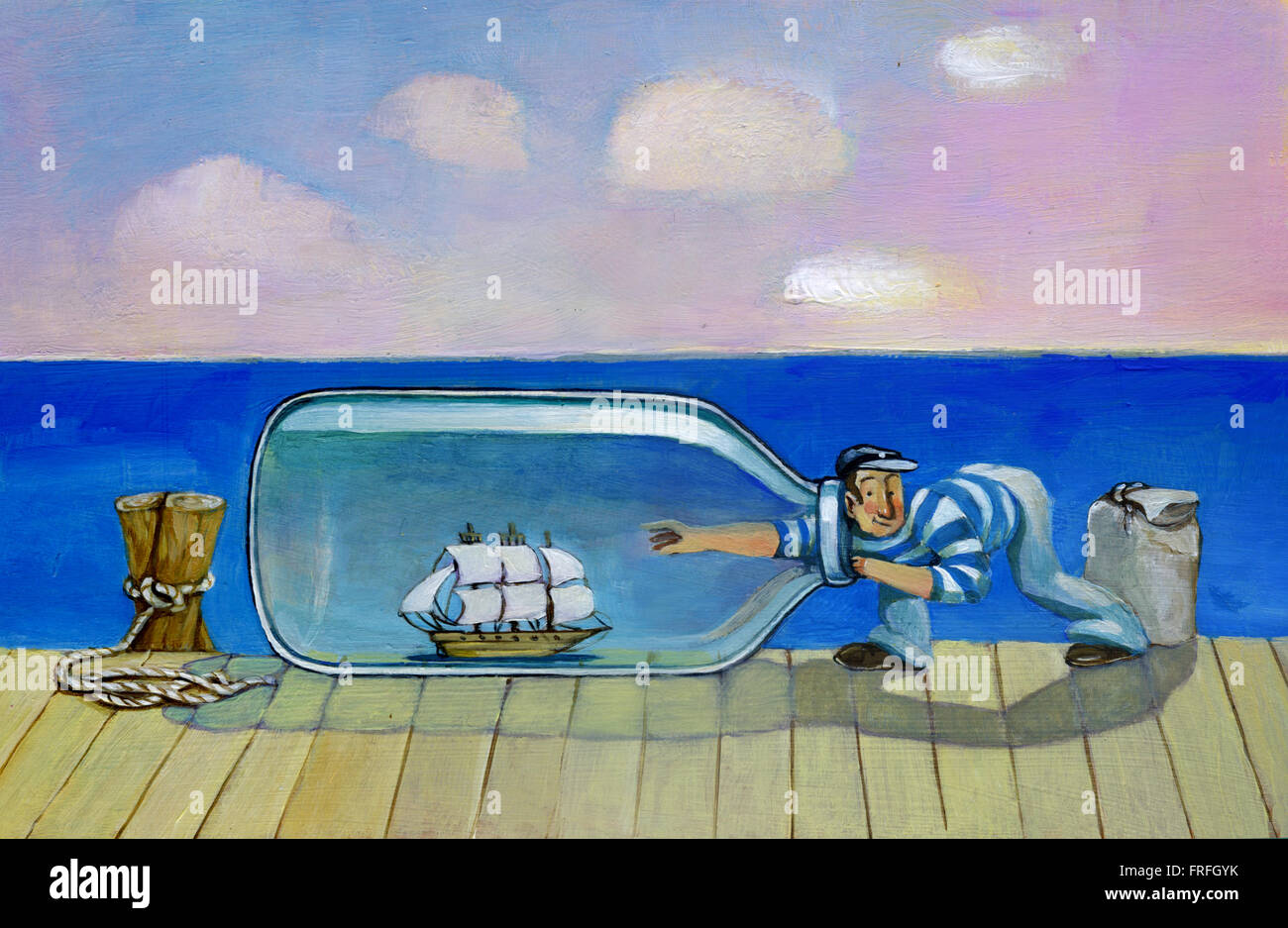 ein Matrose auf einem Pier dauert einem geschlossenen Gefäß in einer Flasche zu segeln auf das Meer hinter ihr Stockfoto