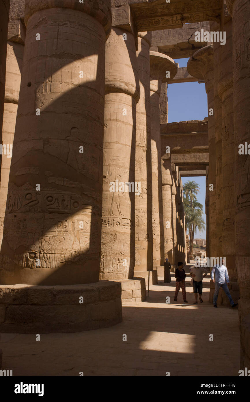 Die hohen Säulen in der Säulenhalle im Tempel des Amun in Karnak, Luxor, Nil Senke, Ägypten. Der Karnak-Tempel-Komplex ist das größte religiöse Gebäude, die jemals gemacht wurde, mit ca. 200 Hektar. Es umfasst eine große Mischung aus verfallenen Tempel, Kapellen, Pylone und andere Gebäude erbaut mehr als 2.000 Jahren und der thebanischen Triade des Amun, Mut und Khonsu gewidmet. Die Säulenhalle auf 54.000 Quadratfuß (16.459 Meter) und mit 134 Säulen, ist immer noch der größte Raum des jede religiöse Gebäude der Welt. Stockfoto