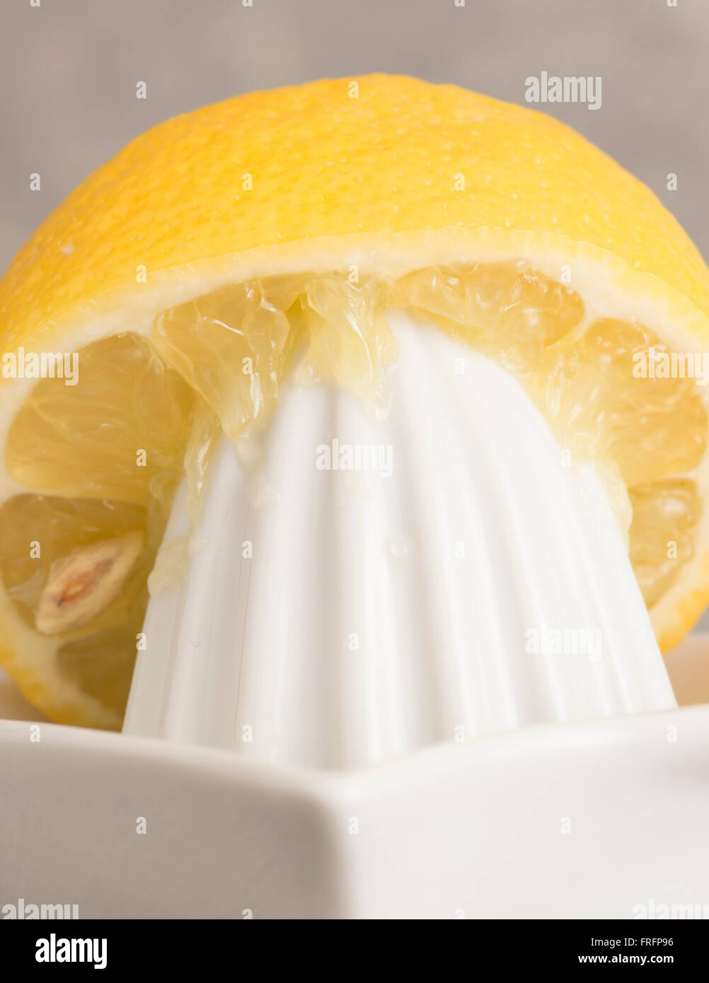Zitrone und Saftpresse in Nahaufnahme. Konzept der Zubereitung von Speisen und Kochen mit frischen Früchten. Stockfoto