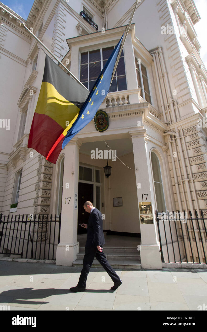 London, UK. 22. März 2016. Die belgischen und europäischen Flaggen wehen auf Halbmast außerhalb der belgischen Botschaft in London nach den terroristischen Bombenanschlag auf dem Flughafen Brüssel und Metro Verdacht durch militante Islamisten Credit: Amer Ghazzal/Alamy Live-Nachrichten Stockfoto