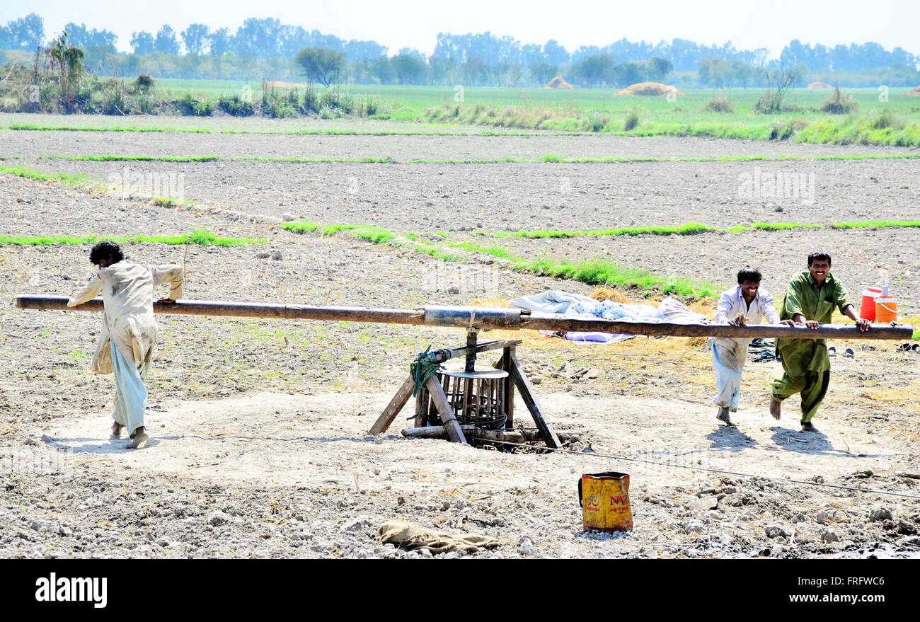 Arbeiten sind damit beschäftigt, in ein Rohr gut mit traditionellen Methoden, Grundwasser für die Bewässerung am Vorabend des World Water Day in Landwirtschaft Field in Larkana Dienstag, 22. März 2016 zu langweilig. Stockfoto