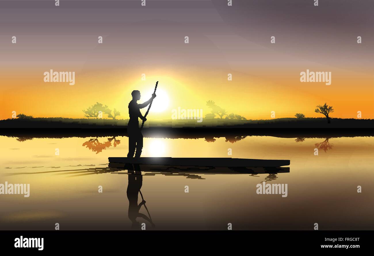 Vektor-Illustration des Sonnenuntergangs im African River Delta mit Mann im Boot, Eps 10 Vektor, Verlaufsgitter und Transparenz verwendet Stock Vektor