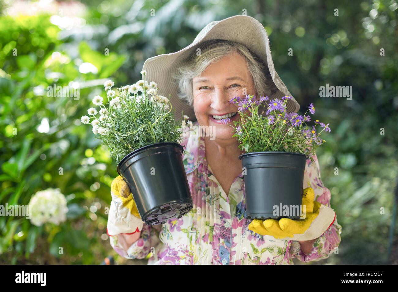 Fröhliche senior Frau hält Topfpflanzen Stockfoto