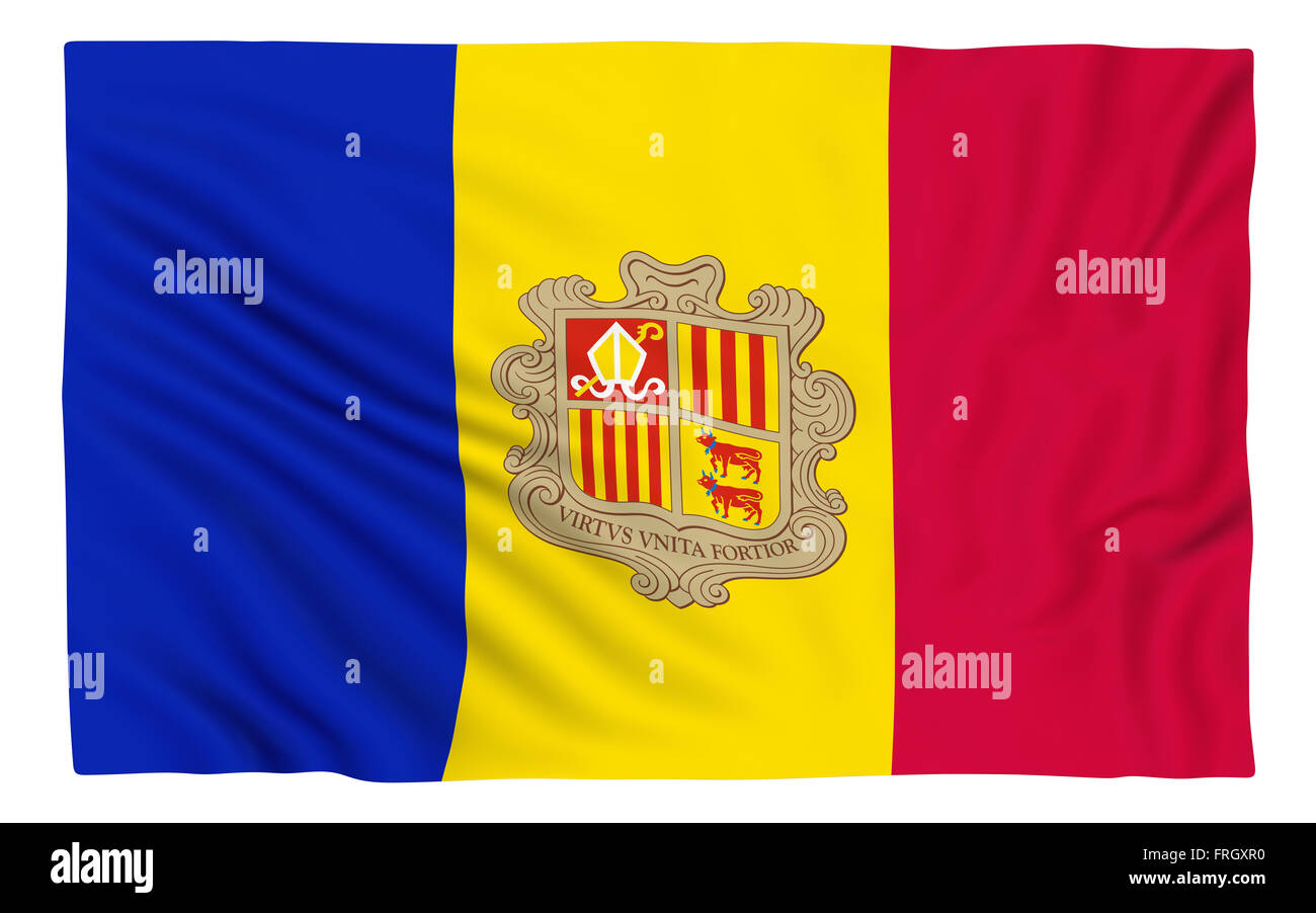 Flagge von Andorra, isoliert auf weiss. Stockfoto