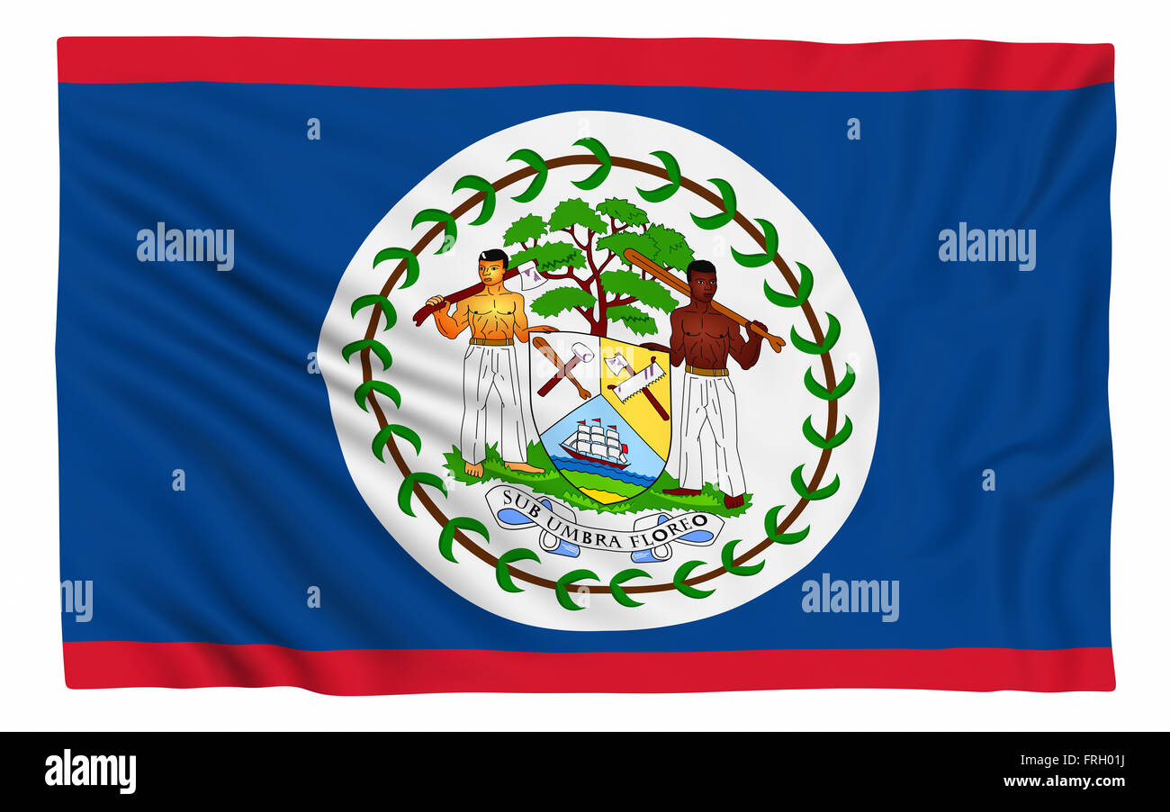 Flagge von Belize, isoliert auf weiss. Stockfoto