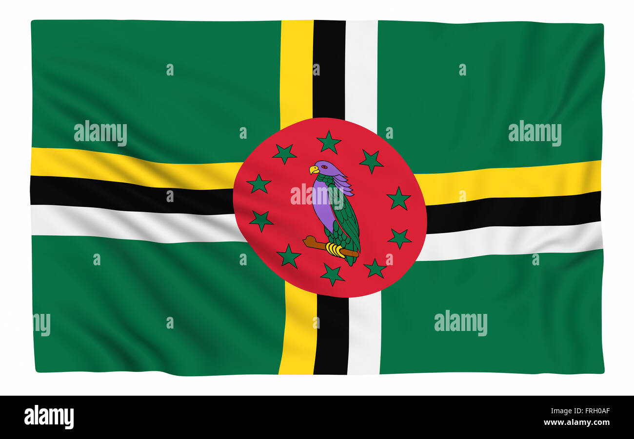 Flagge von Dominica, isoliert auf weiss. Stockfoto