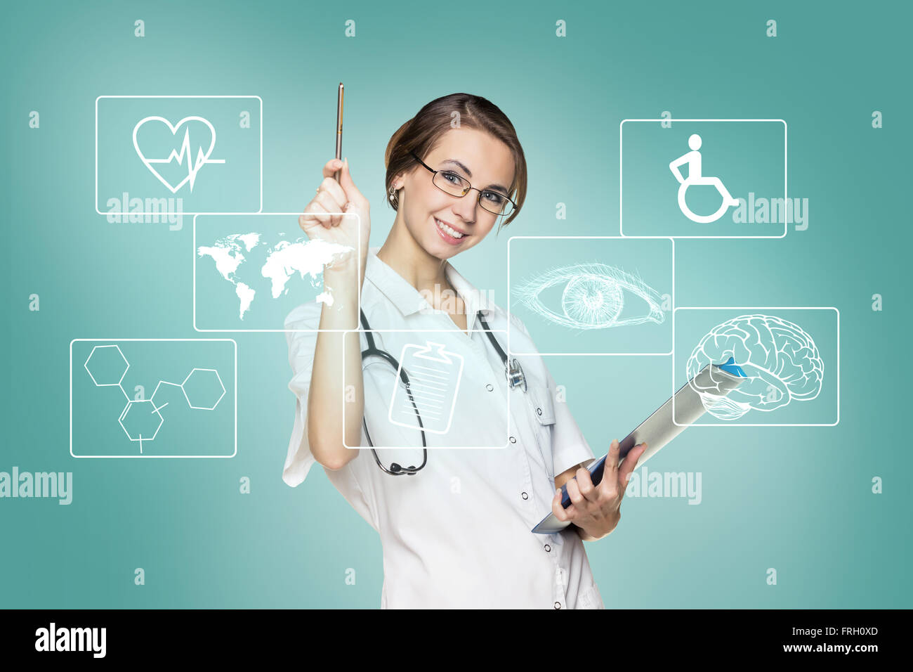 Ärztin in einheitlicher Touch Sechseck mit Symbolen Stockfoto
