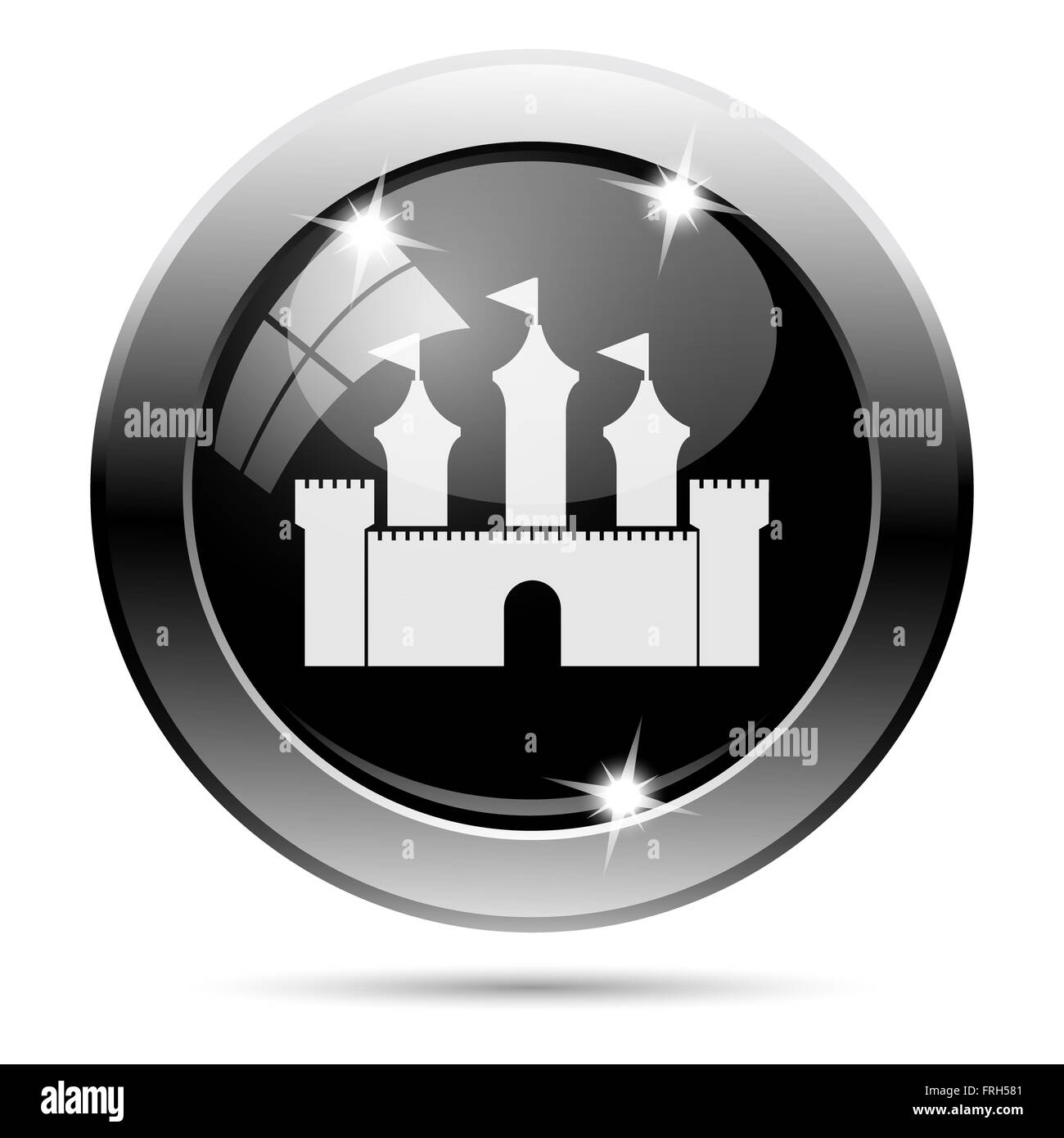 Metallische Runde glänzende Symbol mit Design in weiß auf schwarzem Hintergrund Stockfoto