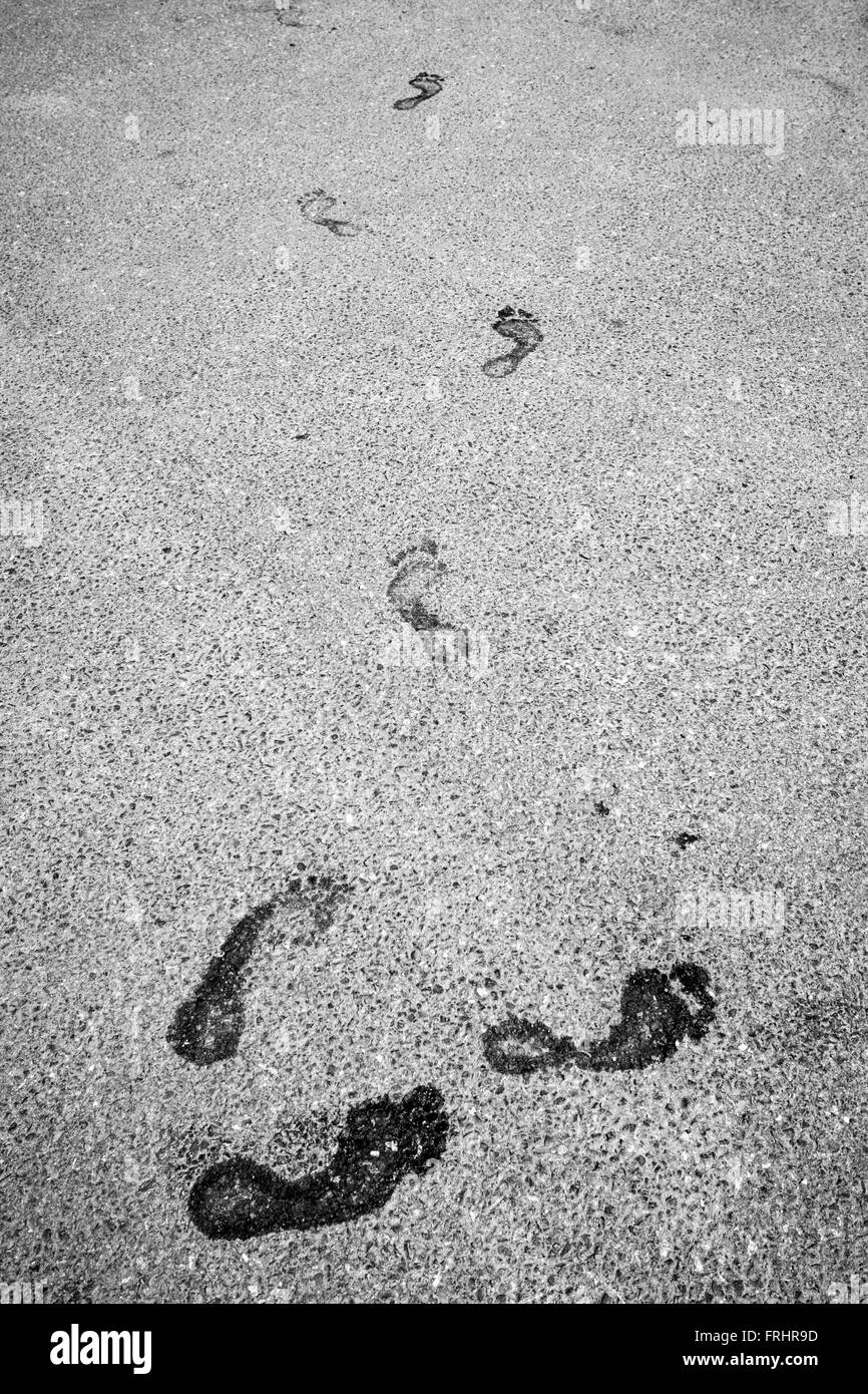 Nassen Fußspuren auf Asphalt. Stockfoto
