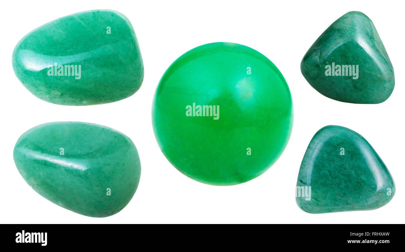 Satz von grünen Aventurin Edelsteine isoliert auf weißem Hintergrund hautnah Stockfoto