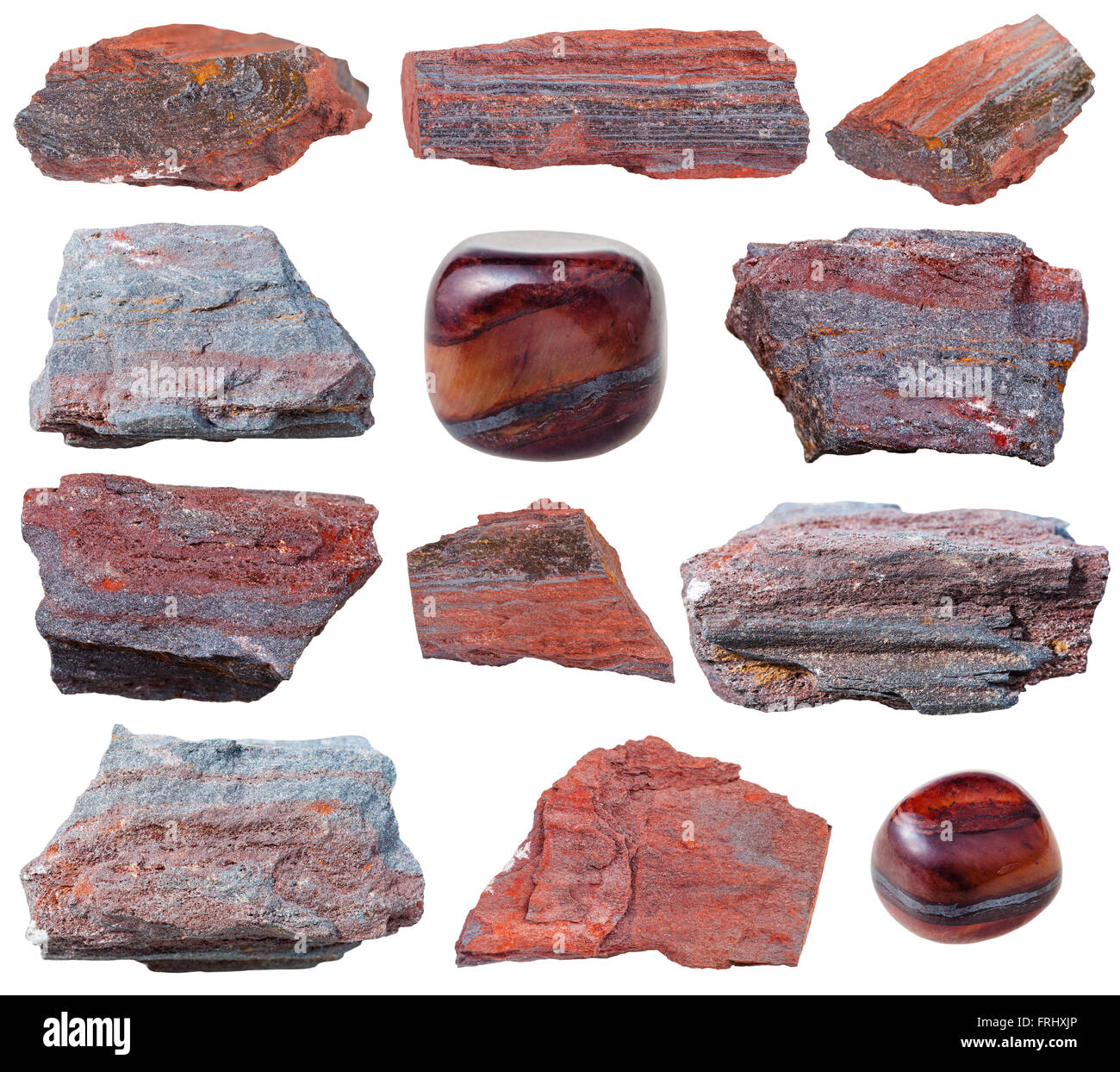 Satz von Jaspillite (Jaspilite, eisenhaltige Quarzit, Taconite Itabirit) Edelsteine, Minetal Steinen isoliert auf weißem Hintergrund Stockfoto