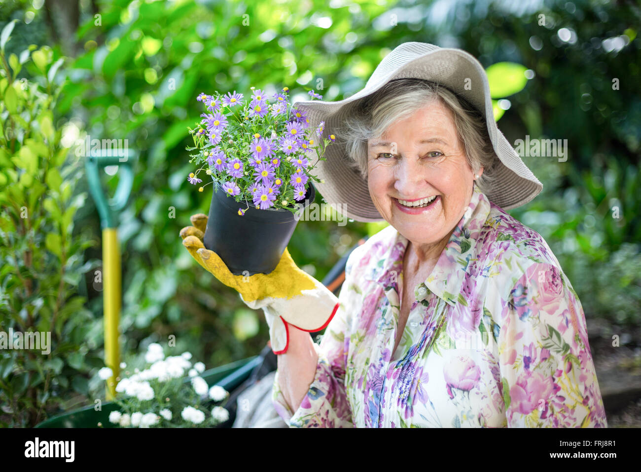 Portrait von senior Frau mit Topfpflanze im Garten Stockfoto