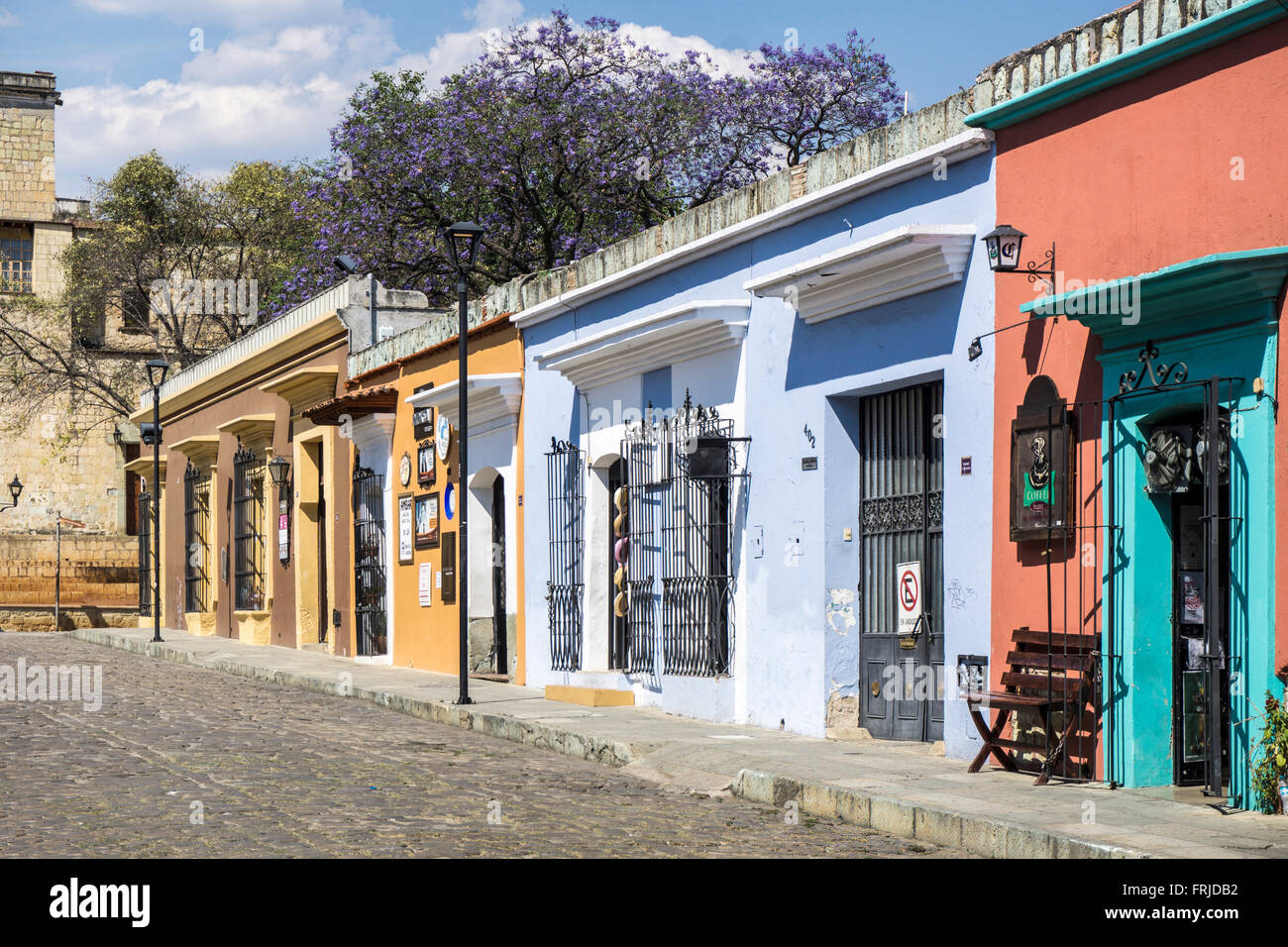 bunte Reihe von gehobenen Ladenfronten auf Calle 5 de Mayo mit herrlichen Blau blühende Jacaranda Baum sichtbar darüber hinaus gegen Himmel Stockfoto