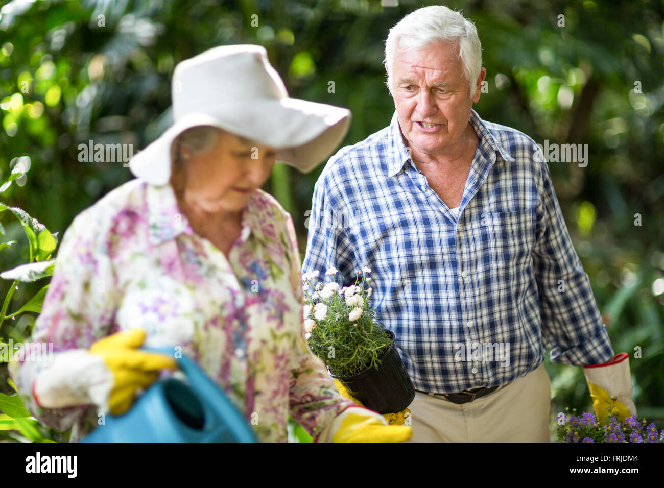 Ältere Mann im Gespräch mit Frau im Garten Stockfoto