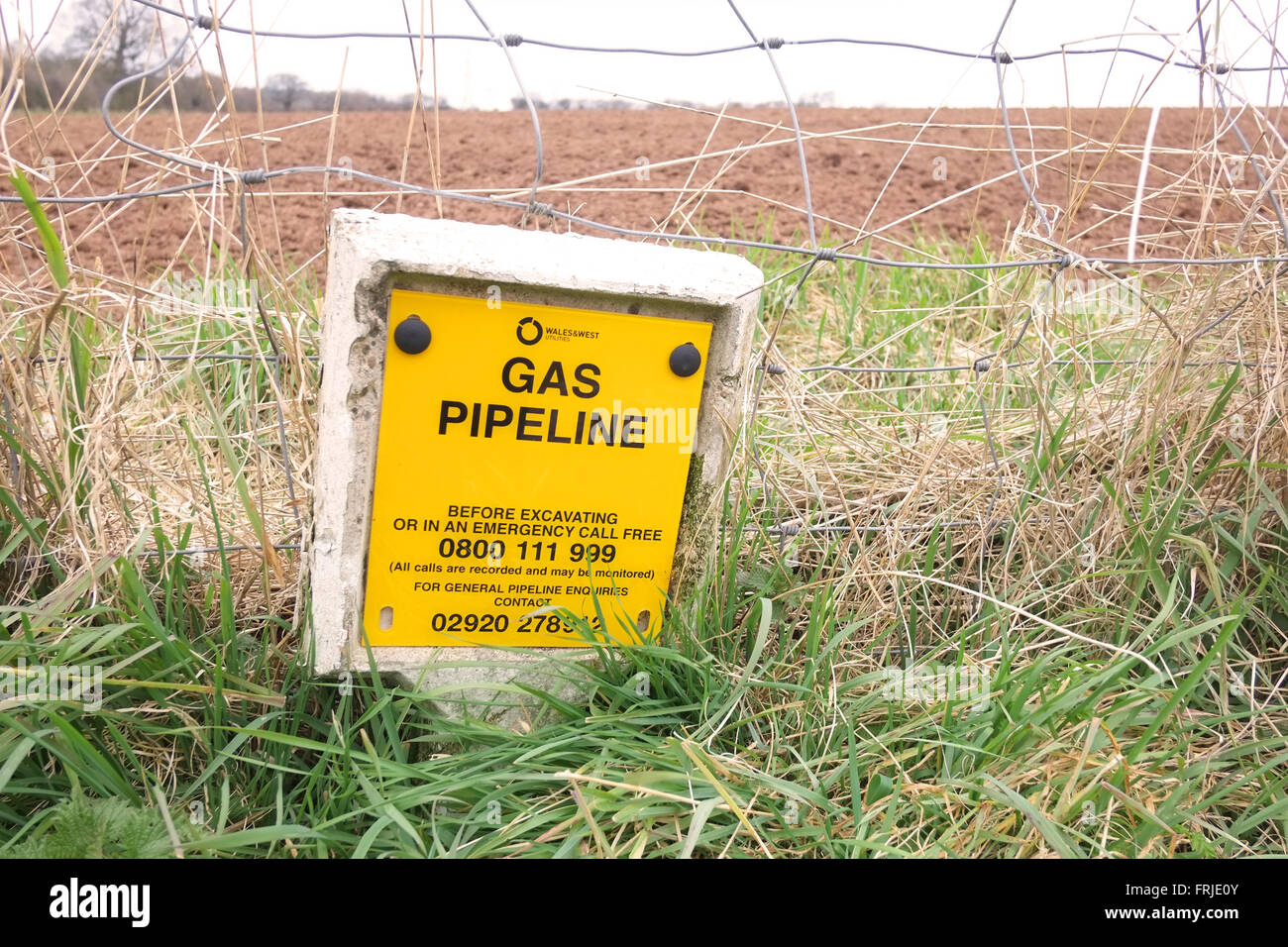 Gas-Pipeline Marker Bucht neben einer Landstraße in SüdGloucestershire. März 2016 Stockfoto