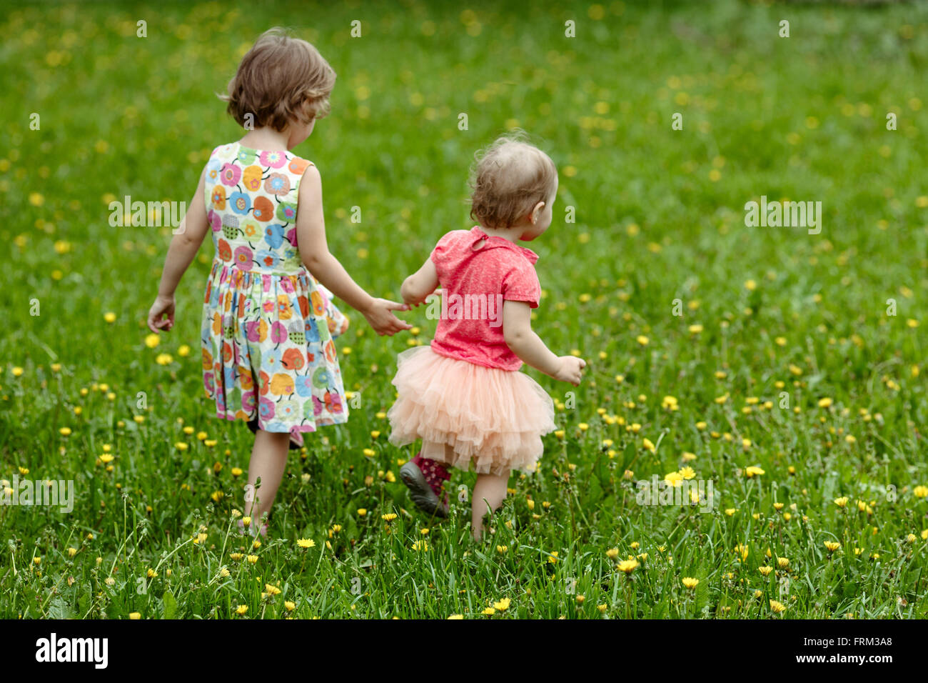 Zwei Kinder gehen in Frühlingsgrün Feld Stockfoto
