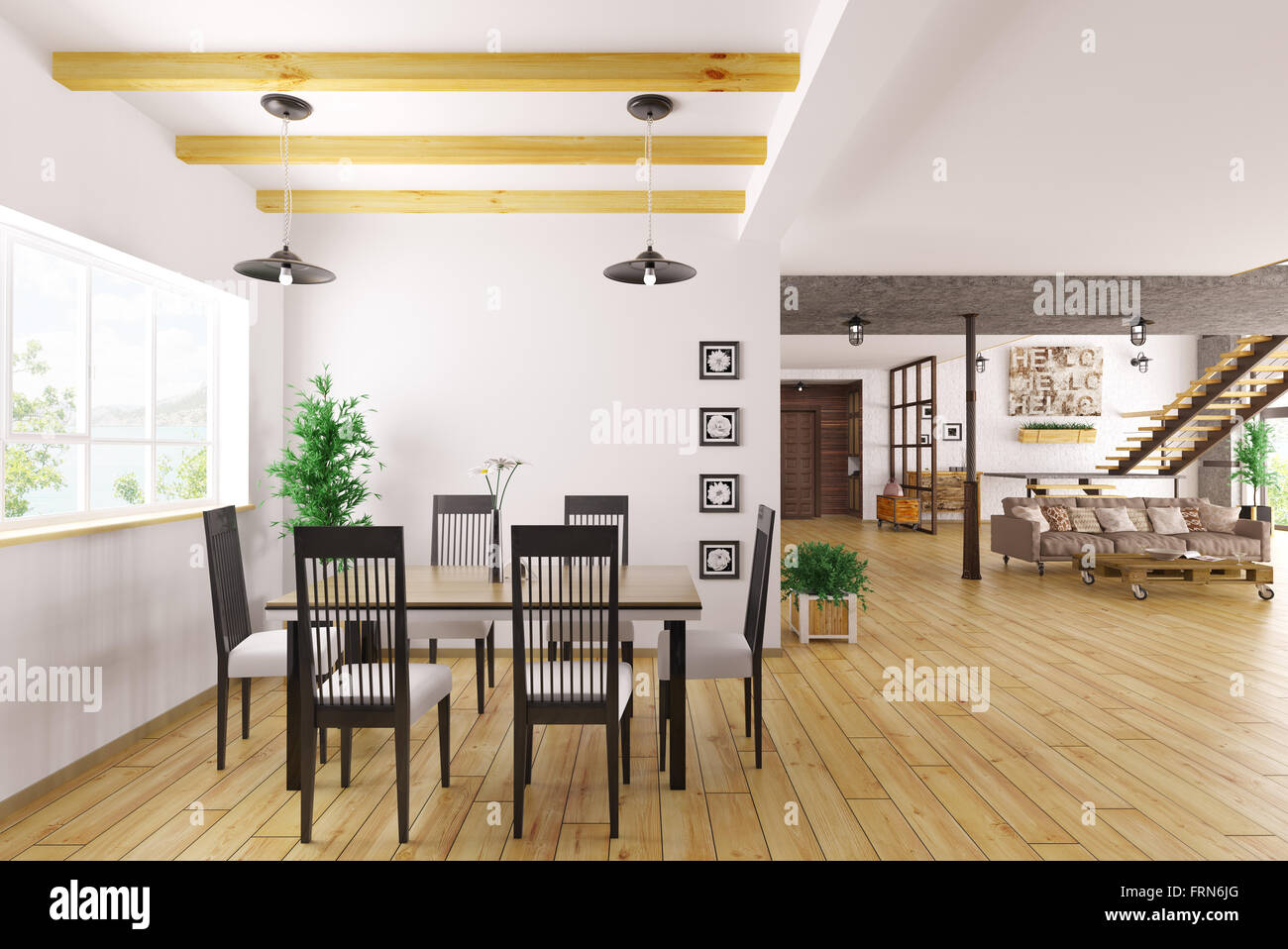Innenraum der modernen Speisesaal im Loft Apartment 3D-Rendering Stockfoto