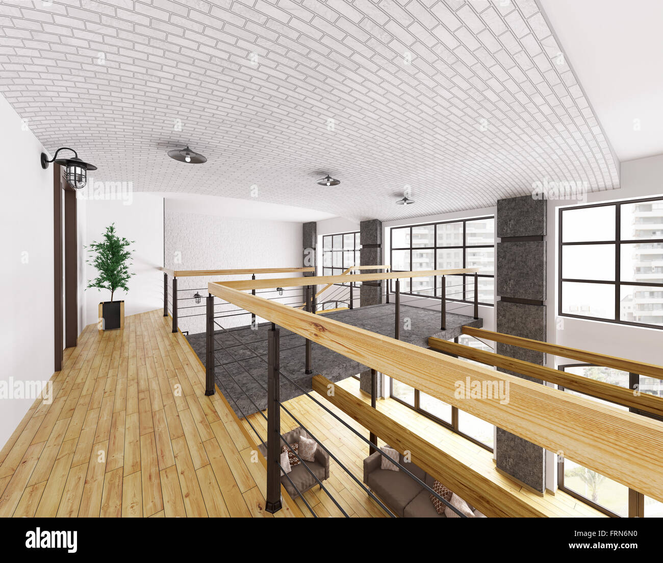 Innenraum der zweiten Etage der Loft Apartment 3D-Rendering Stockfoto