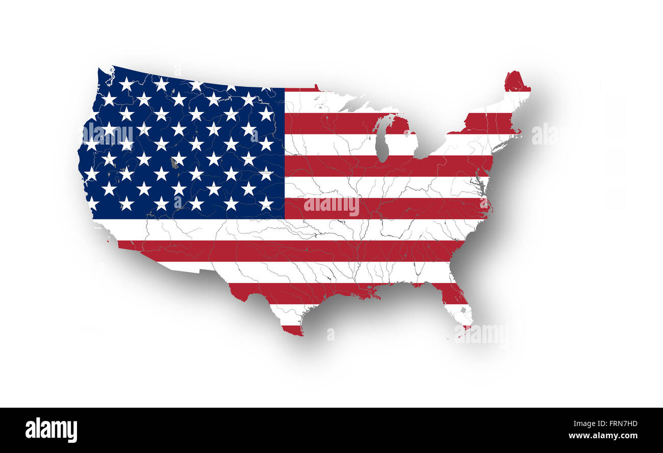 Karte der USA mit der amerikanischen Flagge. Farben der Flagge sind. Flüsse und Seen werden angezeigt. Stockfoto