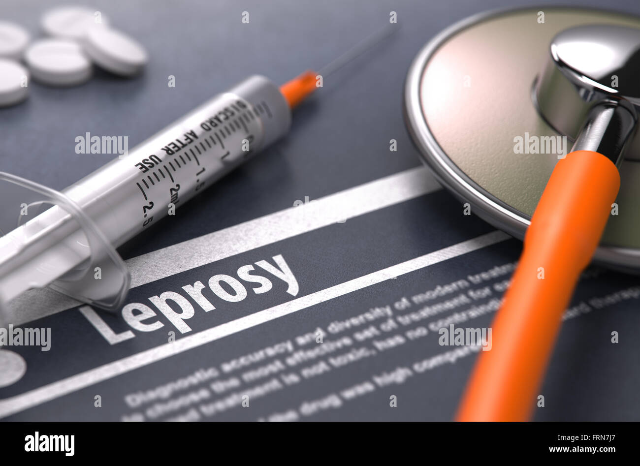 Lepra - gedruckte Diagnose auf grauem Hintergrund. Stockfoto