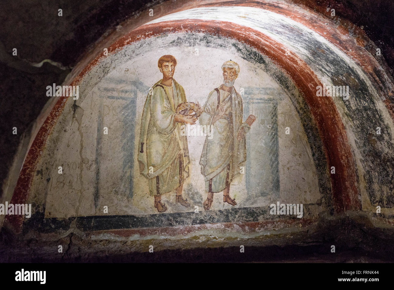 Neapel. Italien. 6. C Fresko des San Gennaro (St. Januarius) (links) & San Pietro (St. Peter) in die Katakomben von San Gennaro. Stockfoto