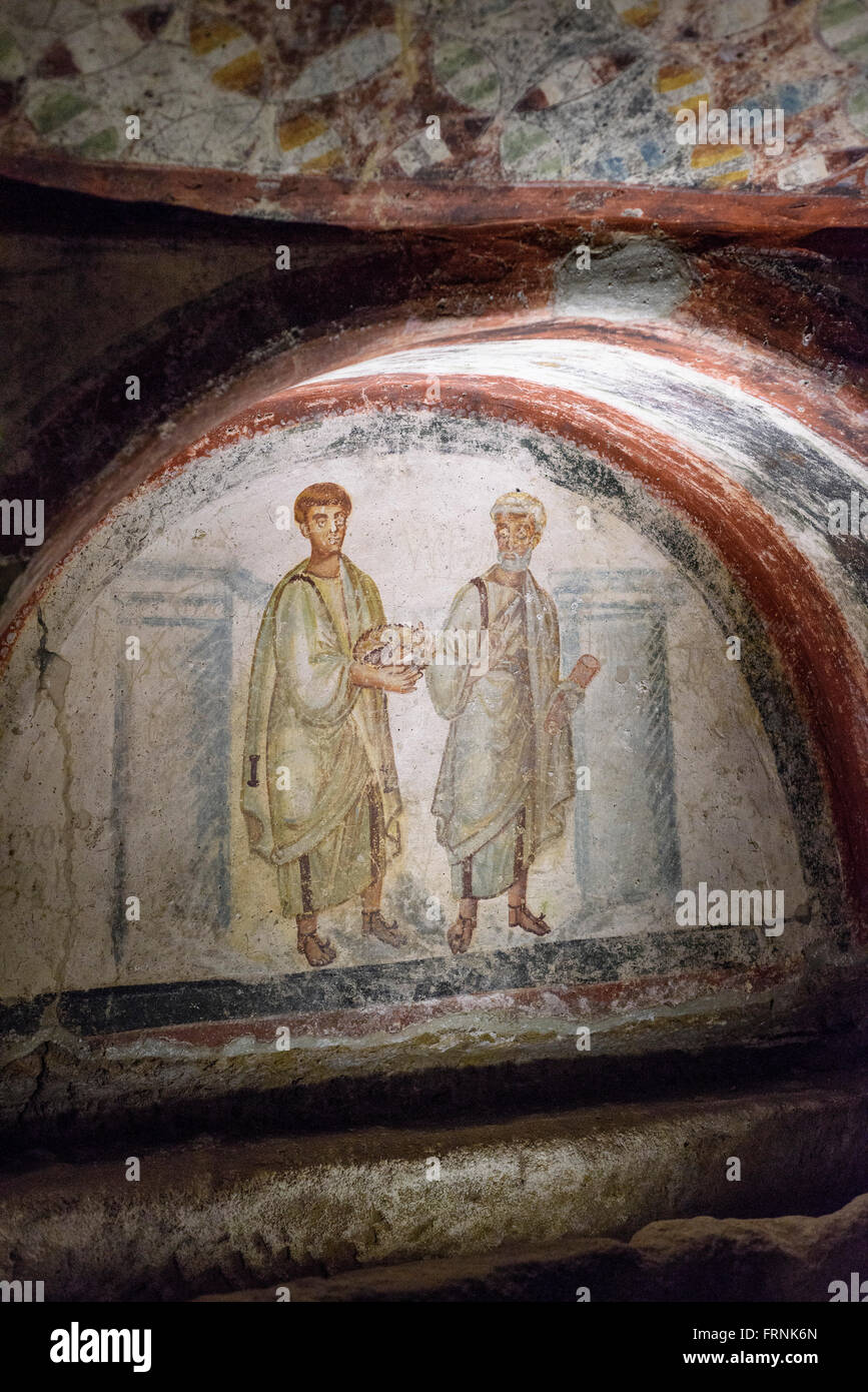 Neapel. Italien. 6. C Fresko des San Gennaro (St. Januarius) (links) & San Pietro (St. Peter) in die Katakomben von San Gennaro. Stockfoto