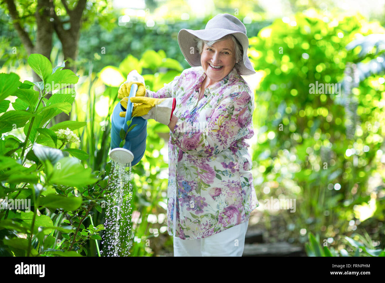 Porträt von senior Frau Bewässerung von Pflanzen Stockfoto