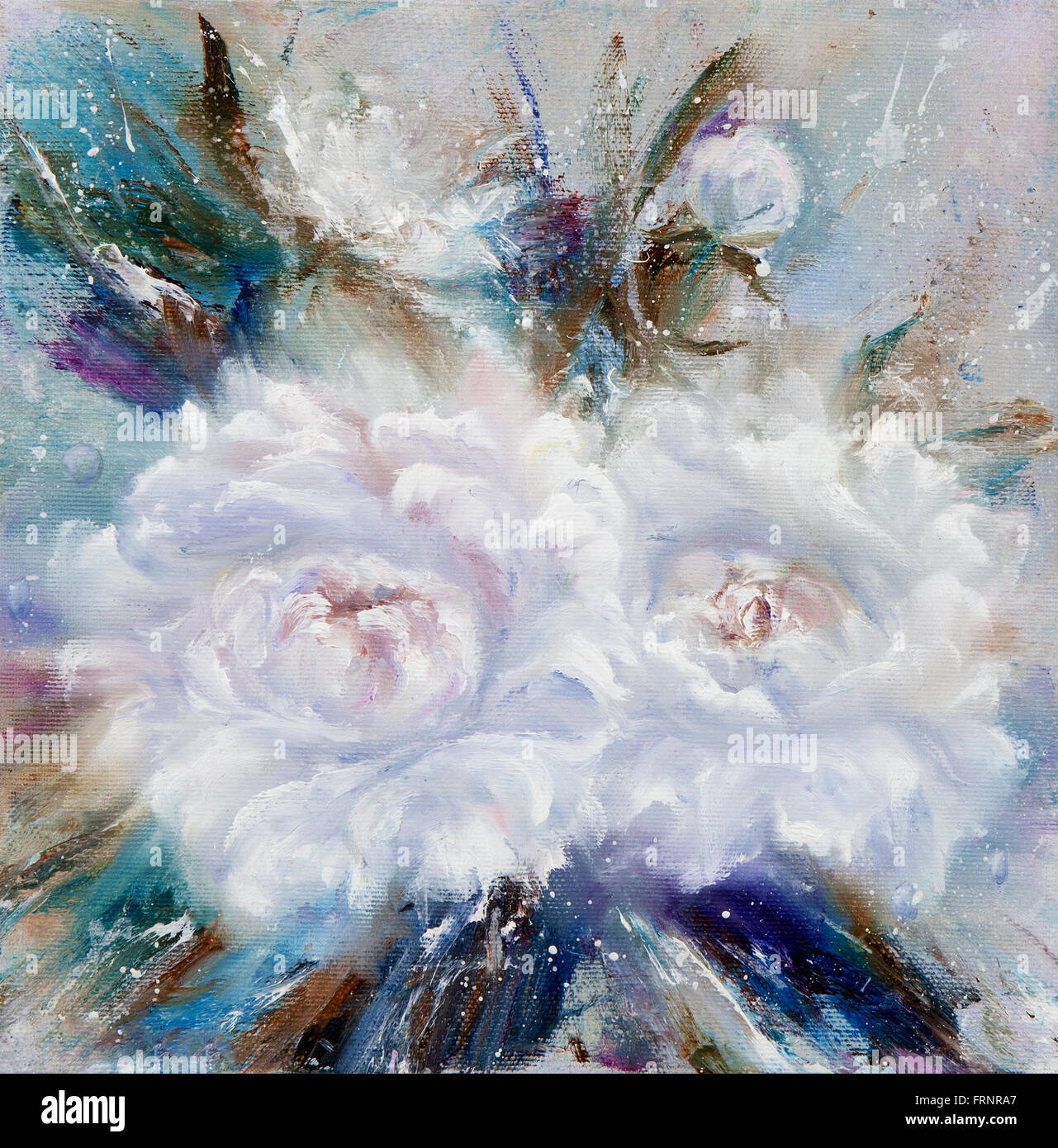 Original Ölgemälde zeigt Weiße Pfingstrose Blumen Blumenstrauß. Gattung Paeonia, Familie Paeoniaceae.Modern Impressionismus, moderne, mar Stockfoto