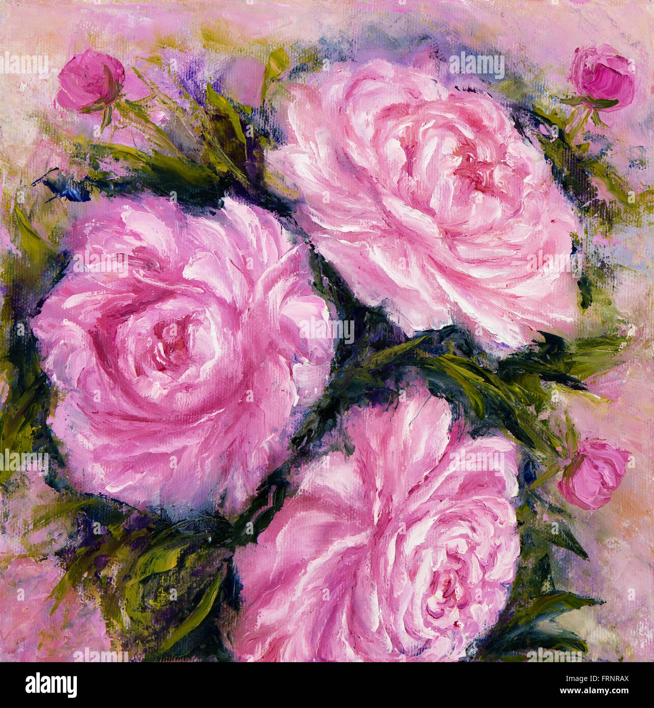 Original Ölgemälde zeigt rosa Pfingstrose Blumen Blumenstrauß. Gattung Paeonia, Familie Paeoniaceae.Modern Impressionismus, moderne, mari Stockfoto