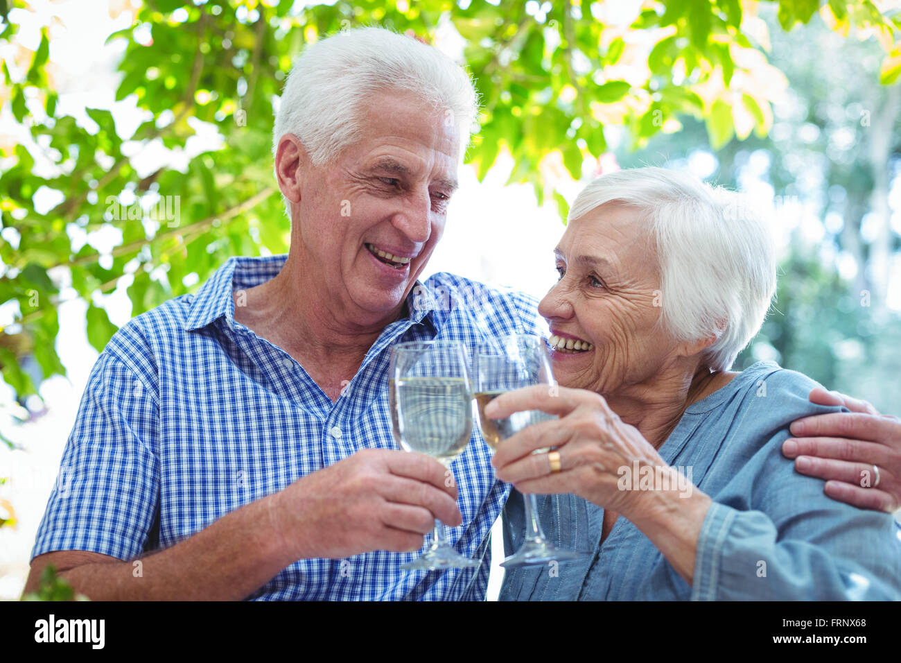 Ehepaar im Ruhestand Toasten Weißwein Stockfoto
