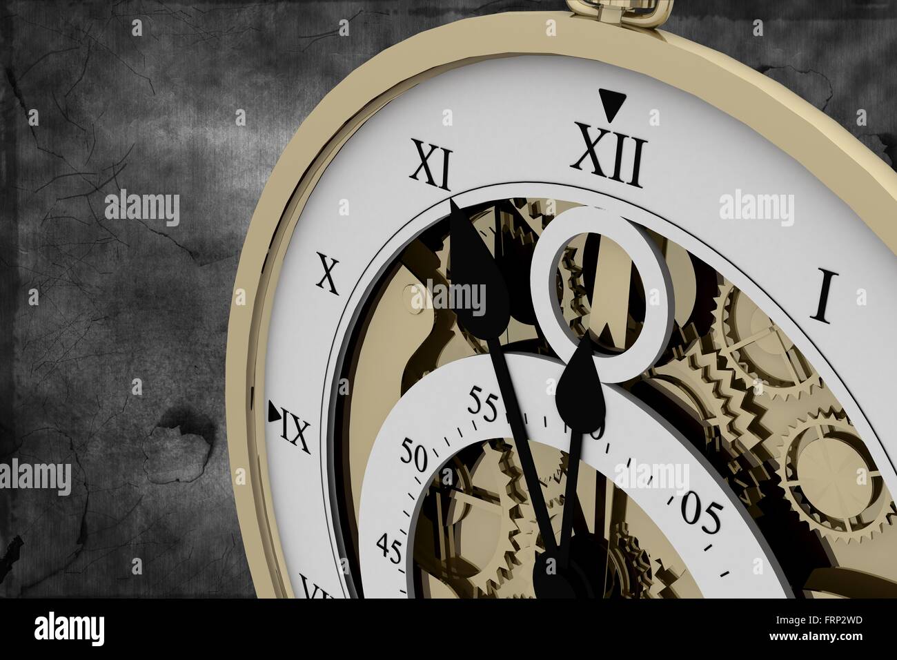 Römische Ziffer Uhr auf schwarzem Hintergrund Stockfoto